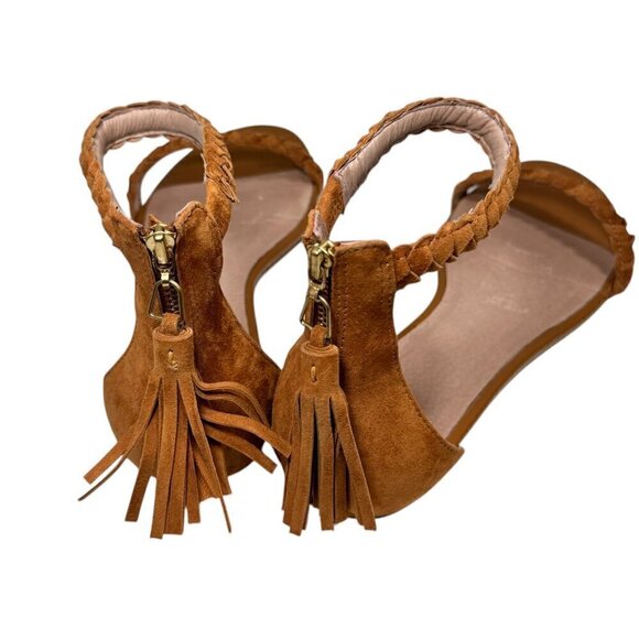Joie Amina Suede Tassel Braided Sandals sz 7.5 Caramel Brown Zip Back Flat - Picture 3 of 5